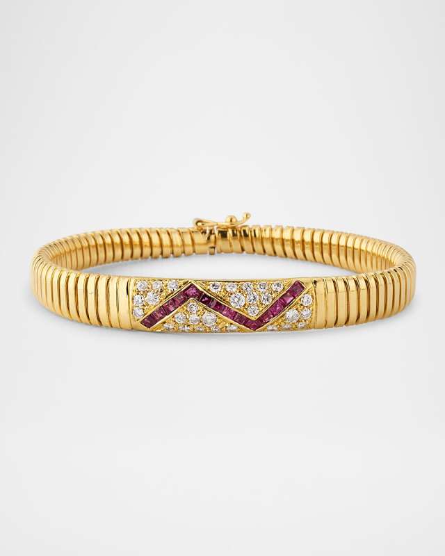 Estate Cartier 18K Yellow Gold Ruby and Diamond Zig Zag Bangle